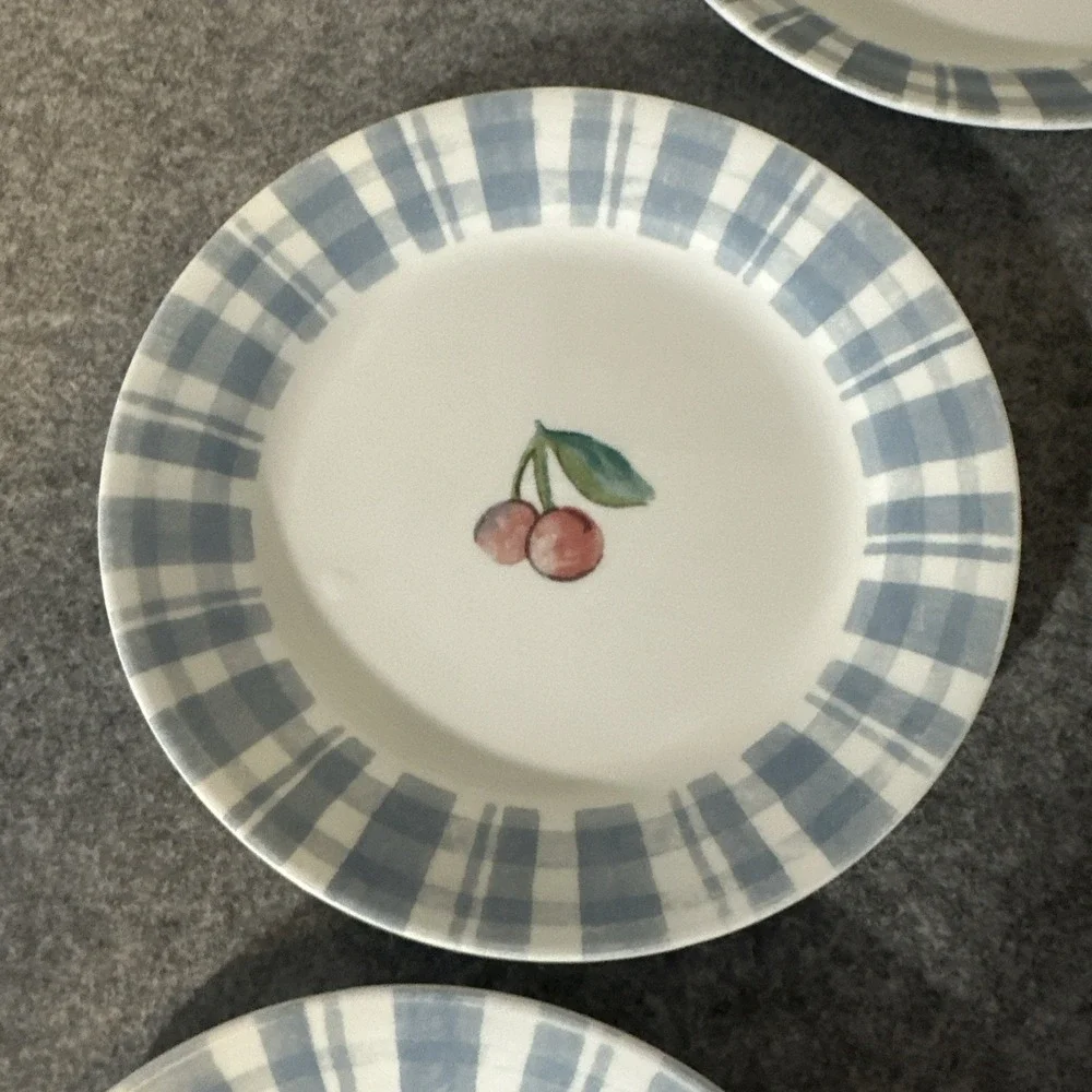 Corelle Set of‎ 5 Dessert Salad Plates Fruit Too Cherries Blue Plaid 7-1/4